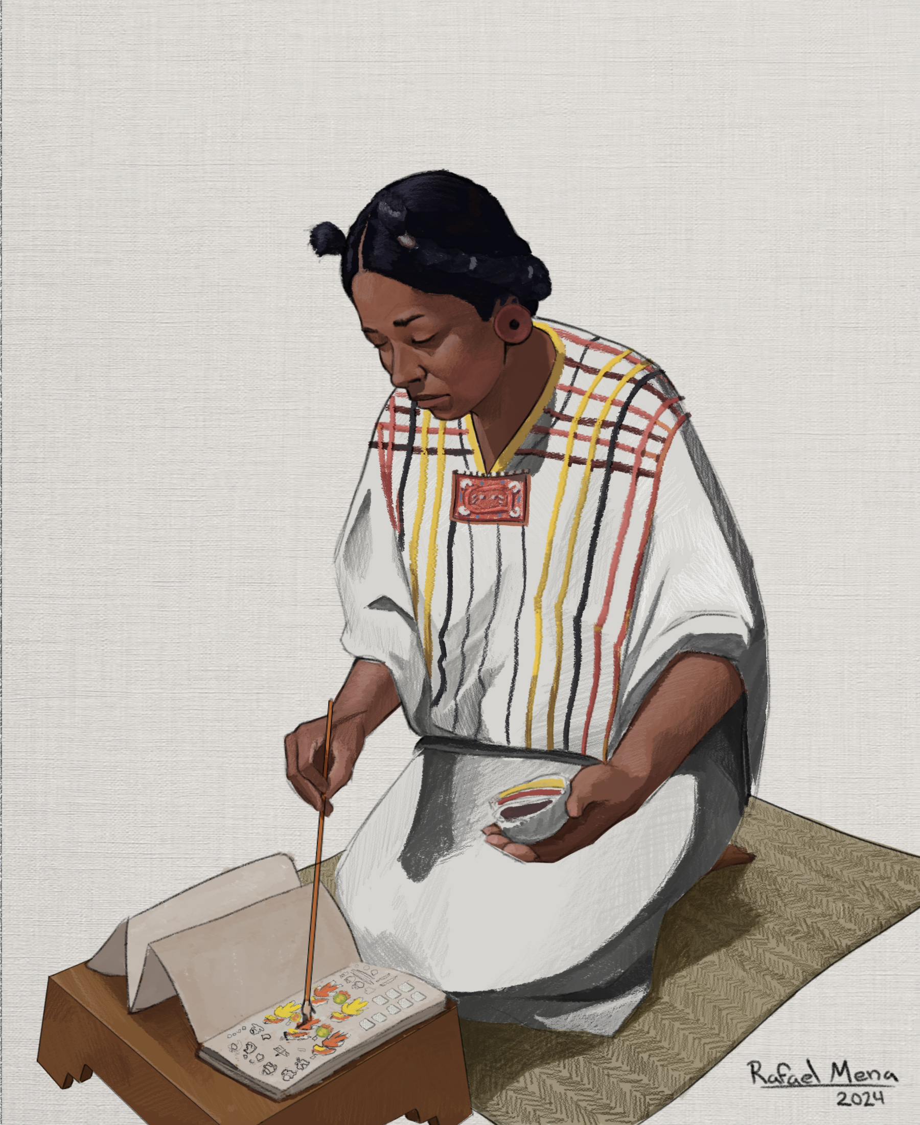 Painting of kneeling mexica women who is in the process of painting a codex. The woman is kneeling on a mat and is wearing a white shawl or dress that has streaks of color going down it.