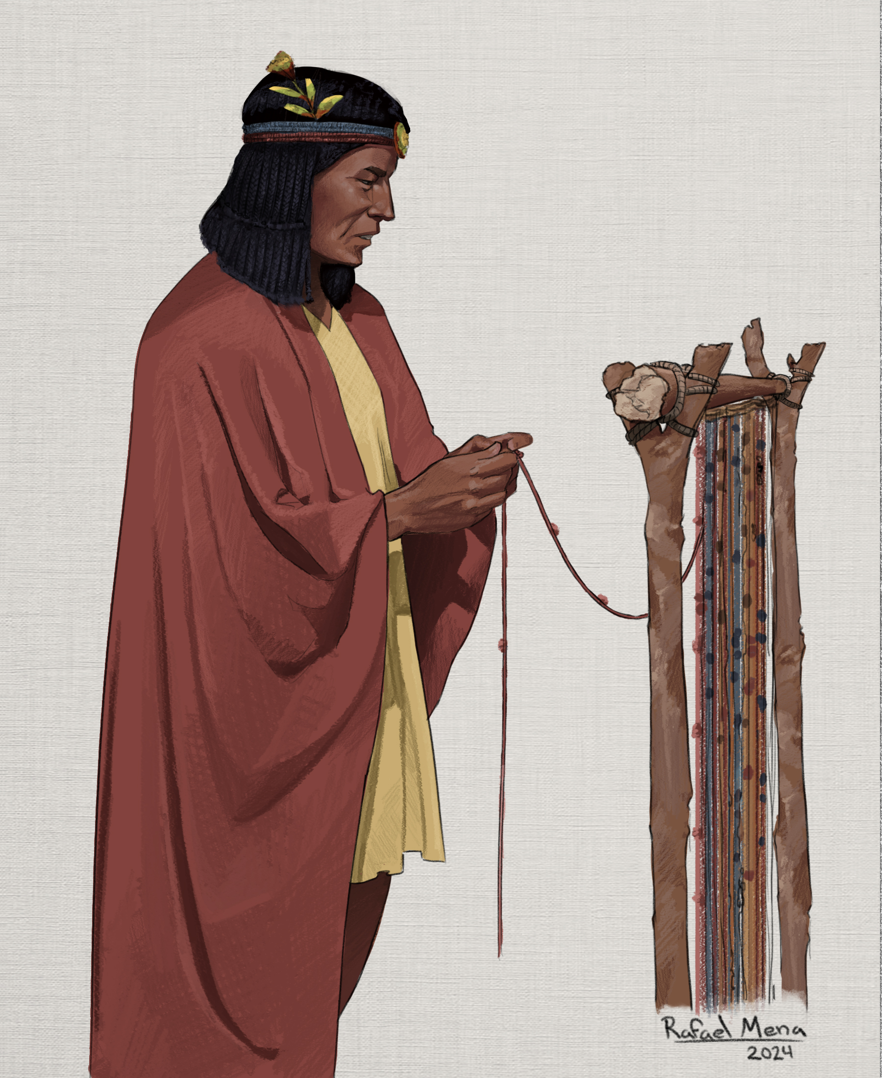 Painting of standing andean man who is in the process of tying a quipu. The man is wearing a dark red tunic and the cords for the quipu are suspended from a post.