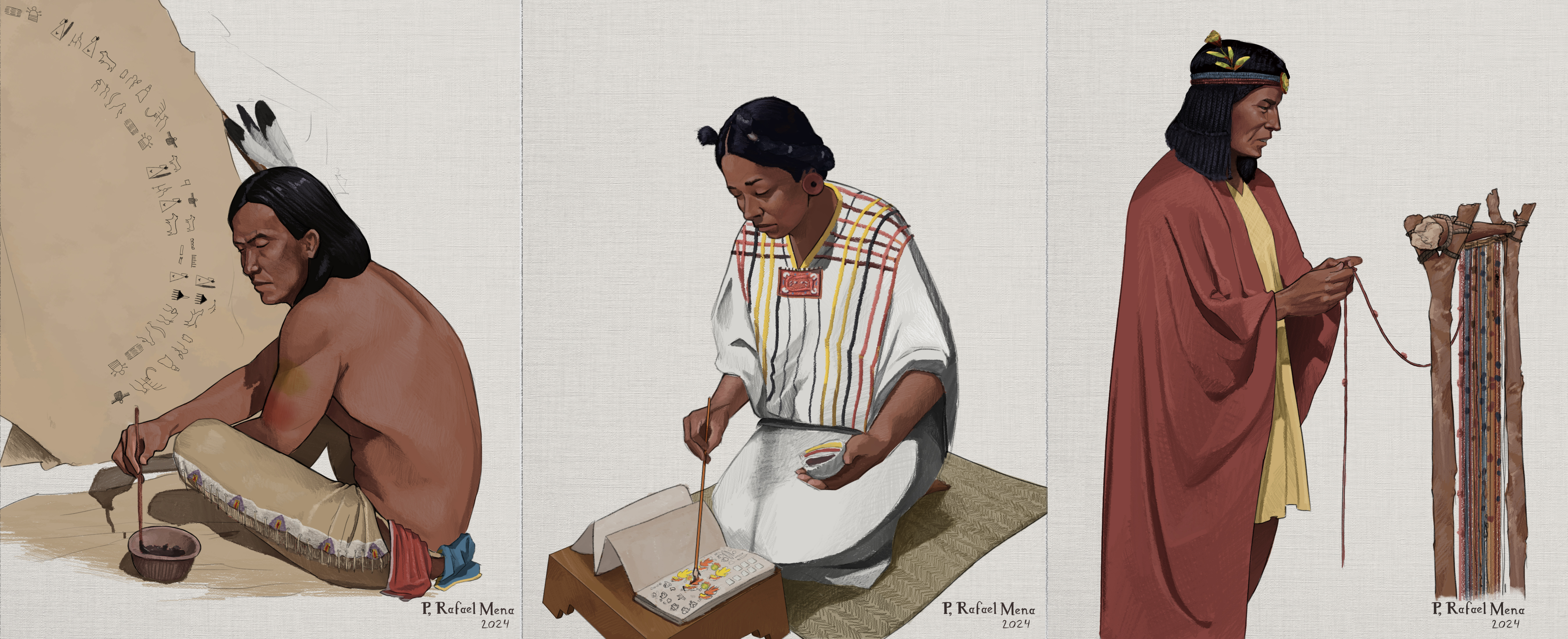 Painting divided into three sections order side by side left to right. The left most painting is of seated lakota man who is the keeper of a winter count which is a pictorial calendar produced by certain plains nations as a way of keeping track of what has happened in the past. The man is painting the record onto a stretched buffalo hide. The center painting is of kneeling mexica women who is in the process of painting a codex. The woman is kneeling on a mat and is wearing a white shawl or dress that has streaks of color going down it.The right most painting is of a standing andean man who is in the process of tying a quipu. The man is wearing a dark red tunic and the cords for the quipu are suspended from a post.