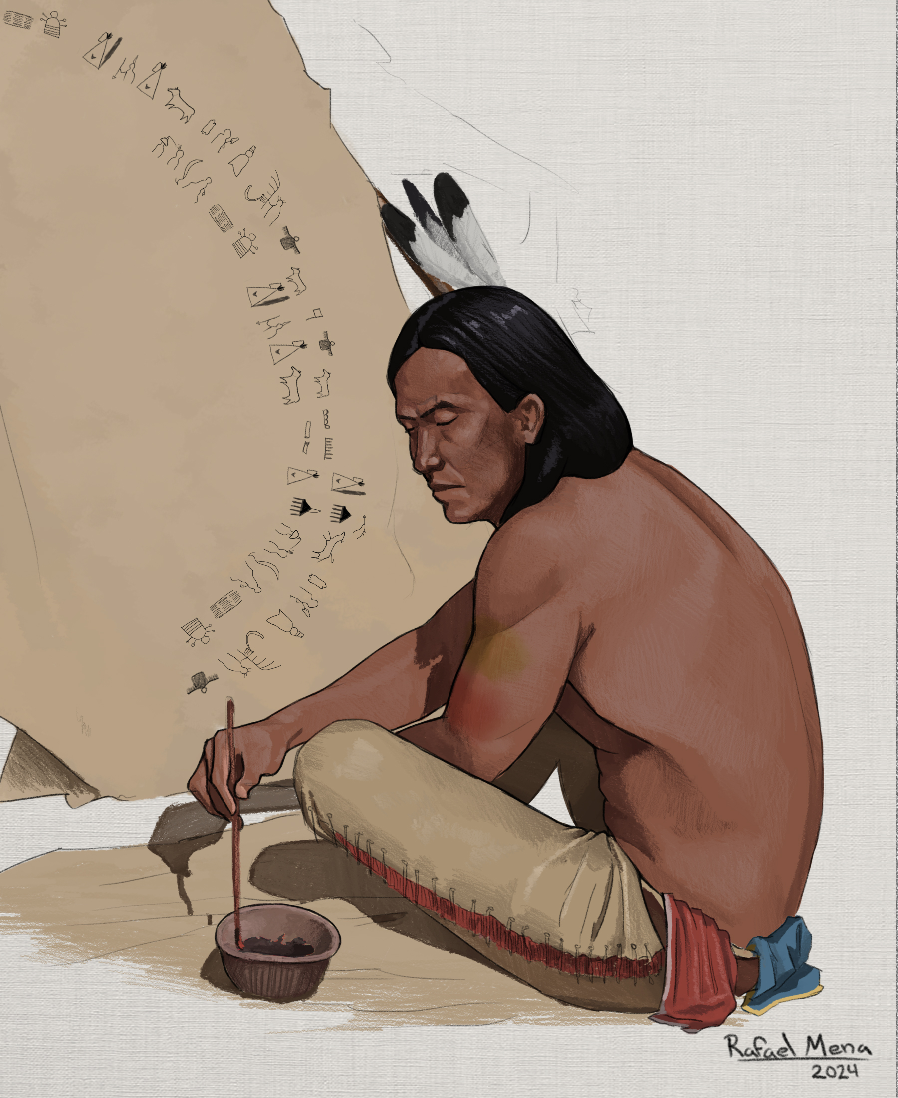 Painting of seated lakota man who is the keeper of a winter count which is a pictorial calendar produced by certain plains nations as a way of keeping track of what has happened in the past. The man is painting the record onto a stretched buffalo hide.